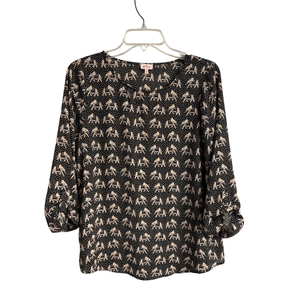 Pixley Womens Black Cream Elephant Print 3/4 Sleeve Blouse Top Medium